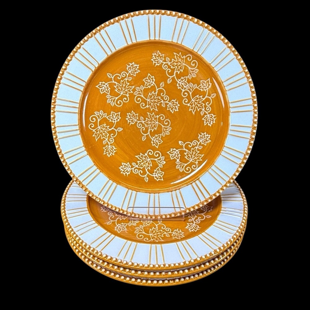 Temptations Gold Floral Lace Stoneware Dinner Plates 10 1/2" Lot of 4‎